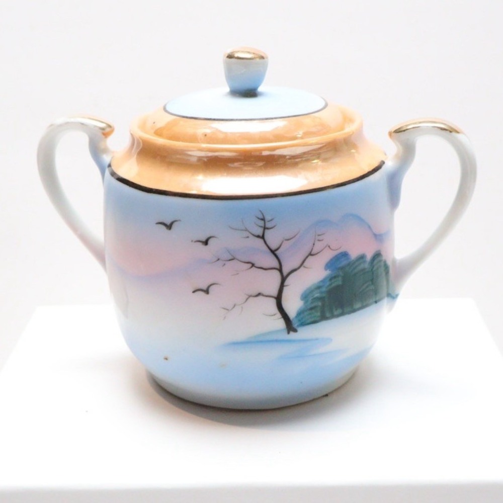VTG Japan Sugar Jar Lusterware Mountain Scene Hand painted Gold Trim